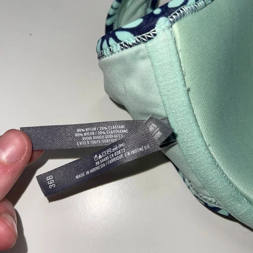 aerie Navy Blue & Mint Green Floral Print Ruffle Push-up Bikini Top 36B Women’s